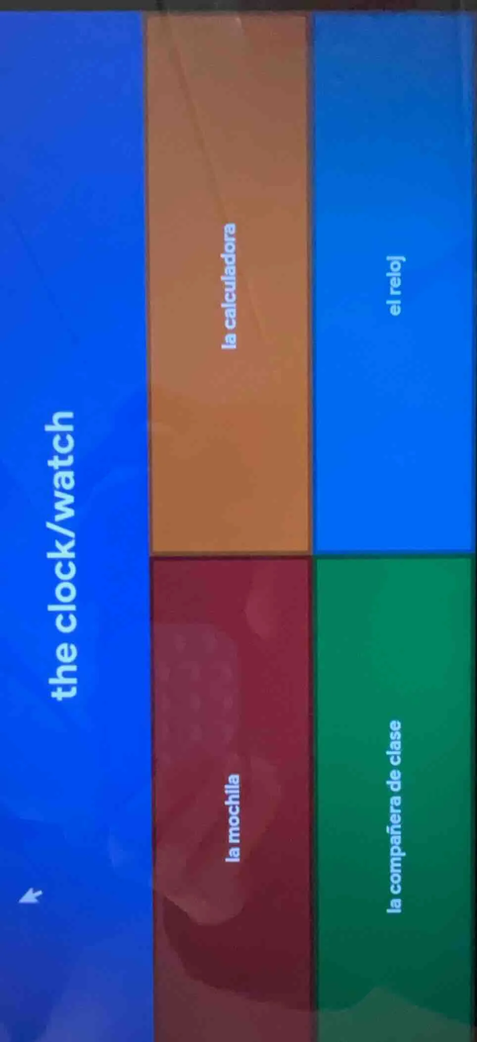 the clock/watch; la calculadora; el reloj; la mochila; la compañera de …