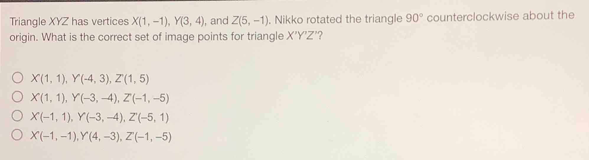 triangle xyz has vertices x(1, -1), y(3, 4), and z(5, -1). nikko rotate…