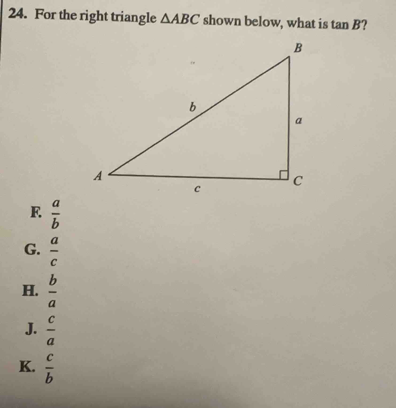 24. for the right triangle $\\delta abc$ shown below, what is $\\tan b$…