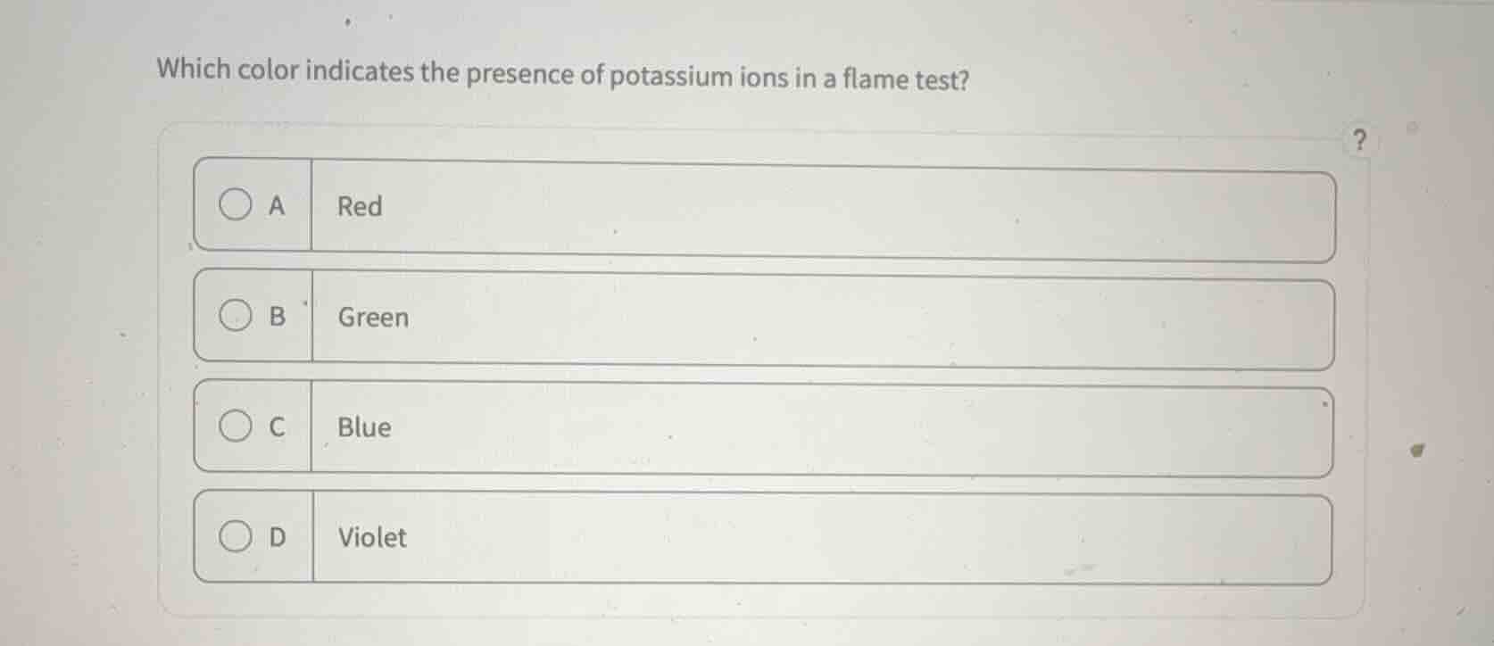 which color indicates the presence of potassium ions in a flame test? a…
