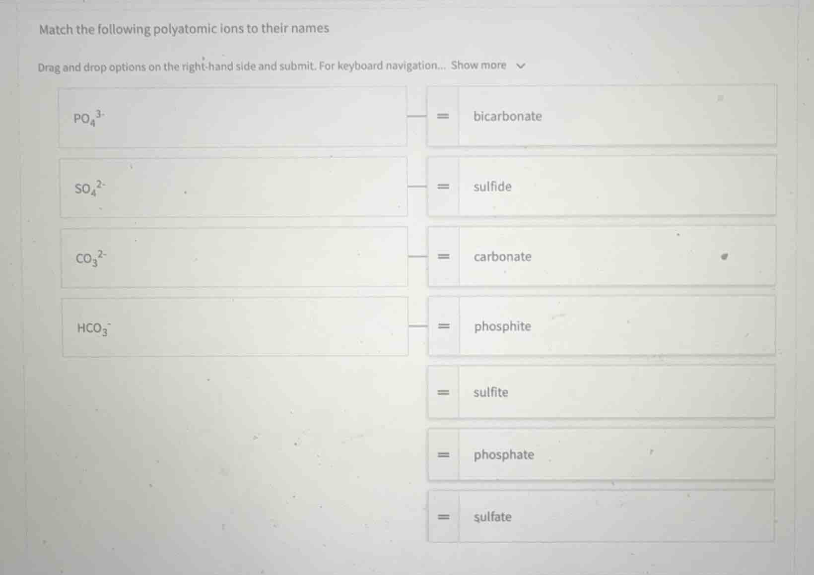match the following polyatomic ions to their names drag and drop option…