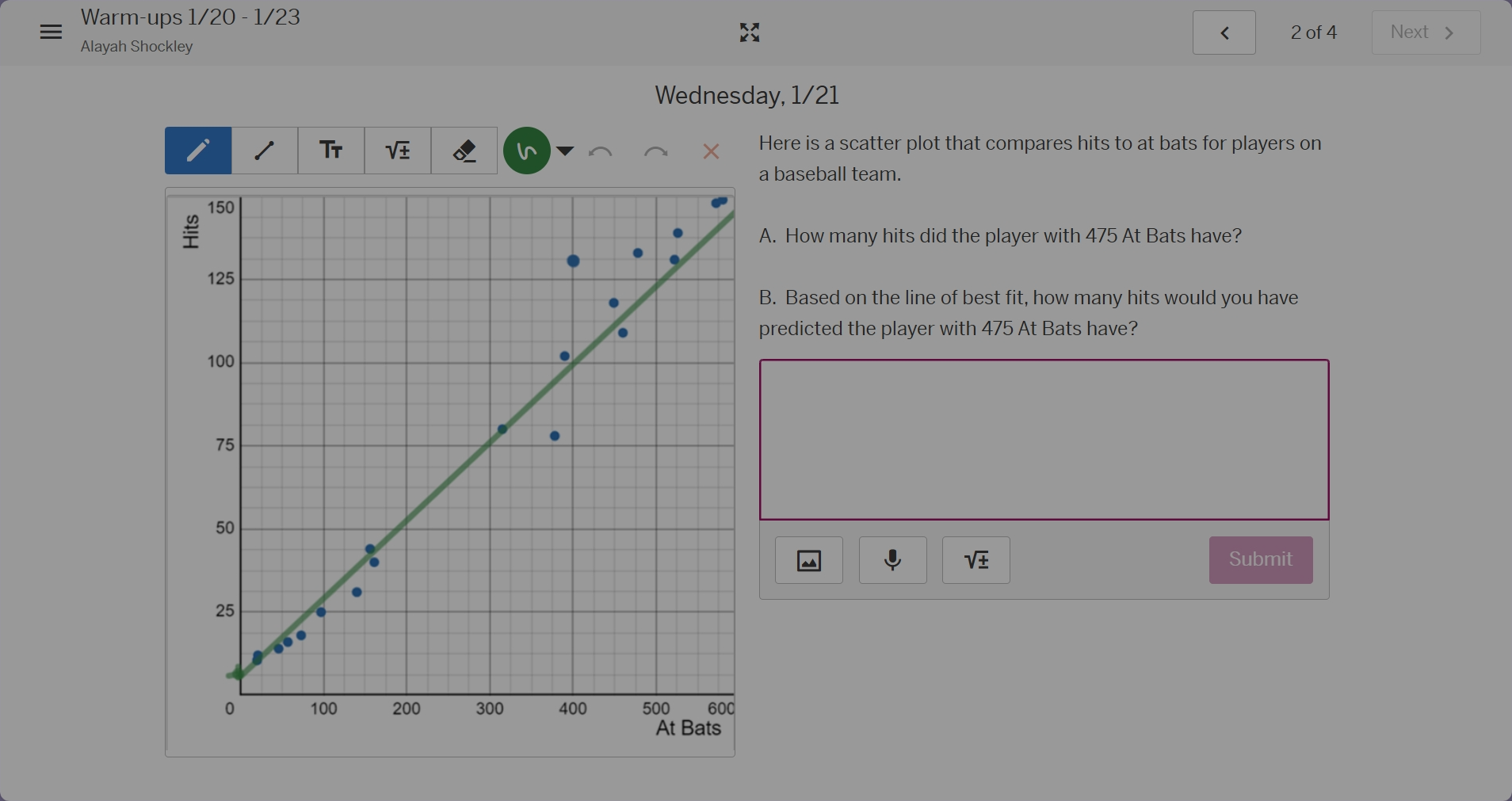 wednesday, 1/21 here is a scatter plot that compares hits to at bats fo…