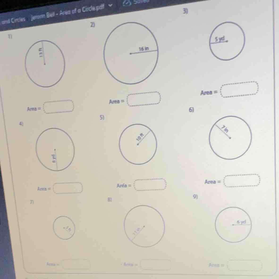 1) area = 2) 16 in area = 3) 5 yd area = 4) 8 yd area = 5) 10 ft area =…
