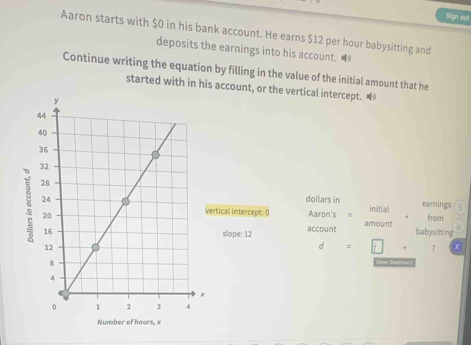 aaron starts with $0 in his bank account. he earns $12 per hour babysit…