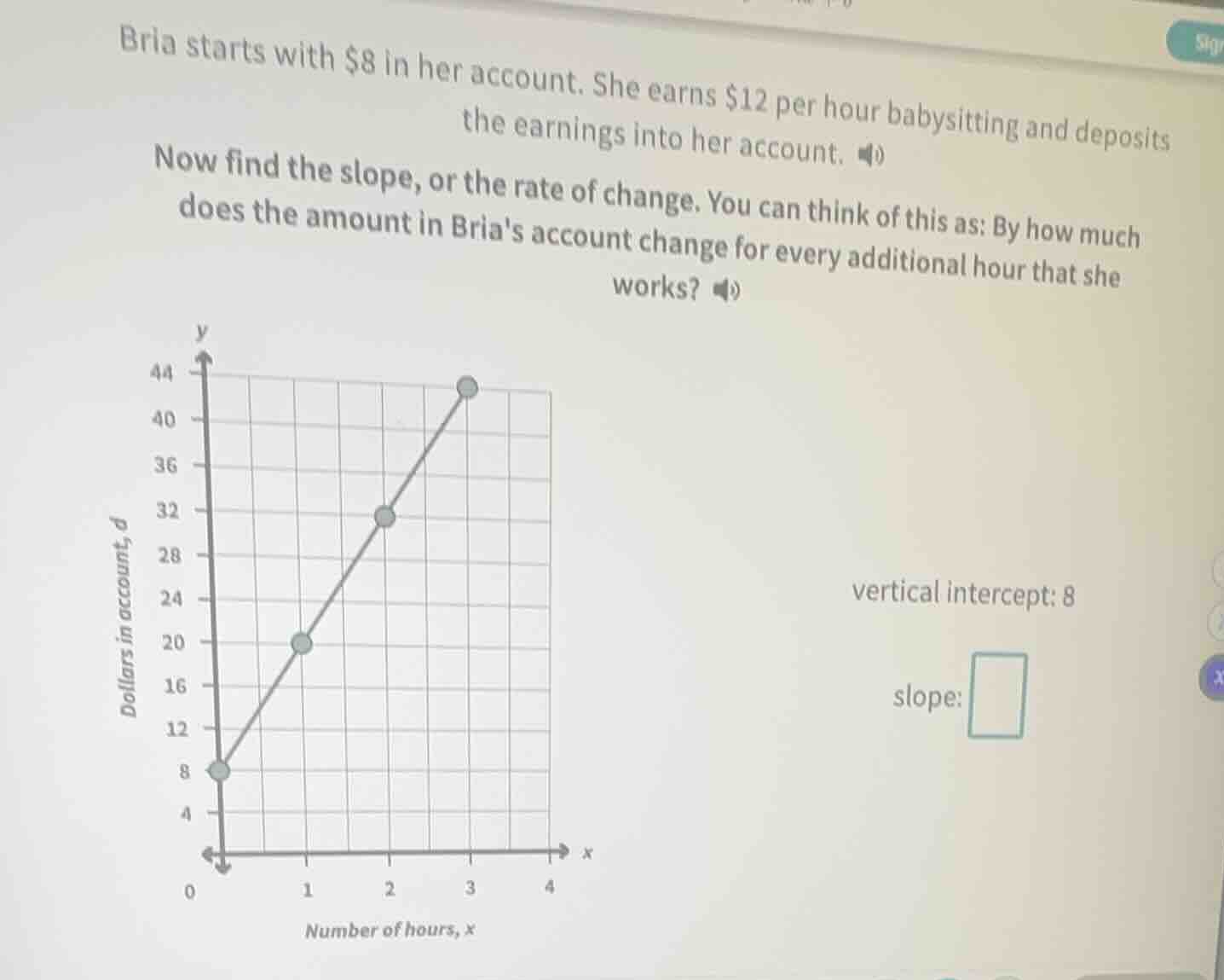 bria starts with $8 in her account. she earns $12 per hour babysitting …