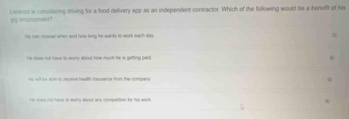 lorenzo is considering driving for a food delivery app as an independen…