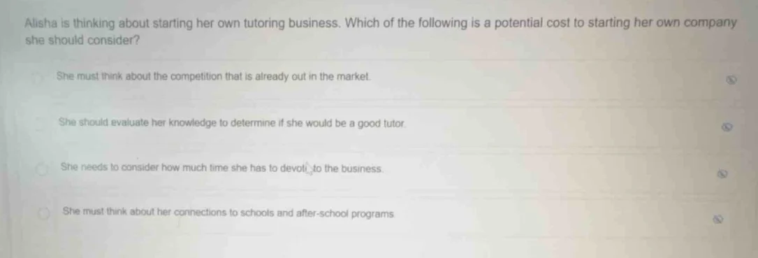 alisha is thinking about starting her own tutoring business. which of t…