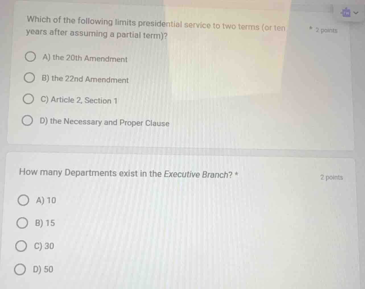 which of the following limits presidential service to two terms (or ten…