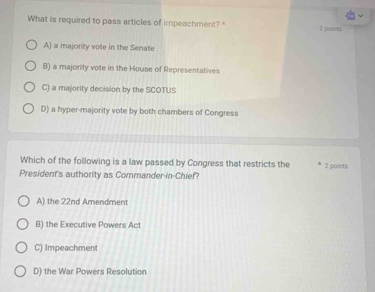 what is required to pass articles of impeachment? * a) a majority vote …