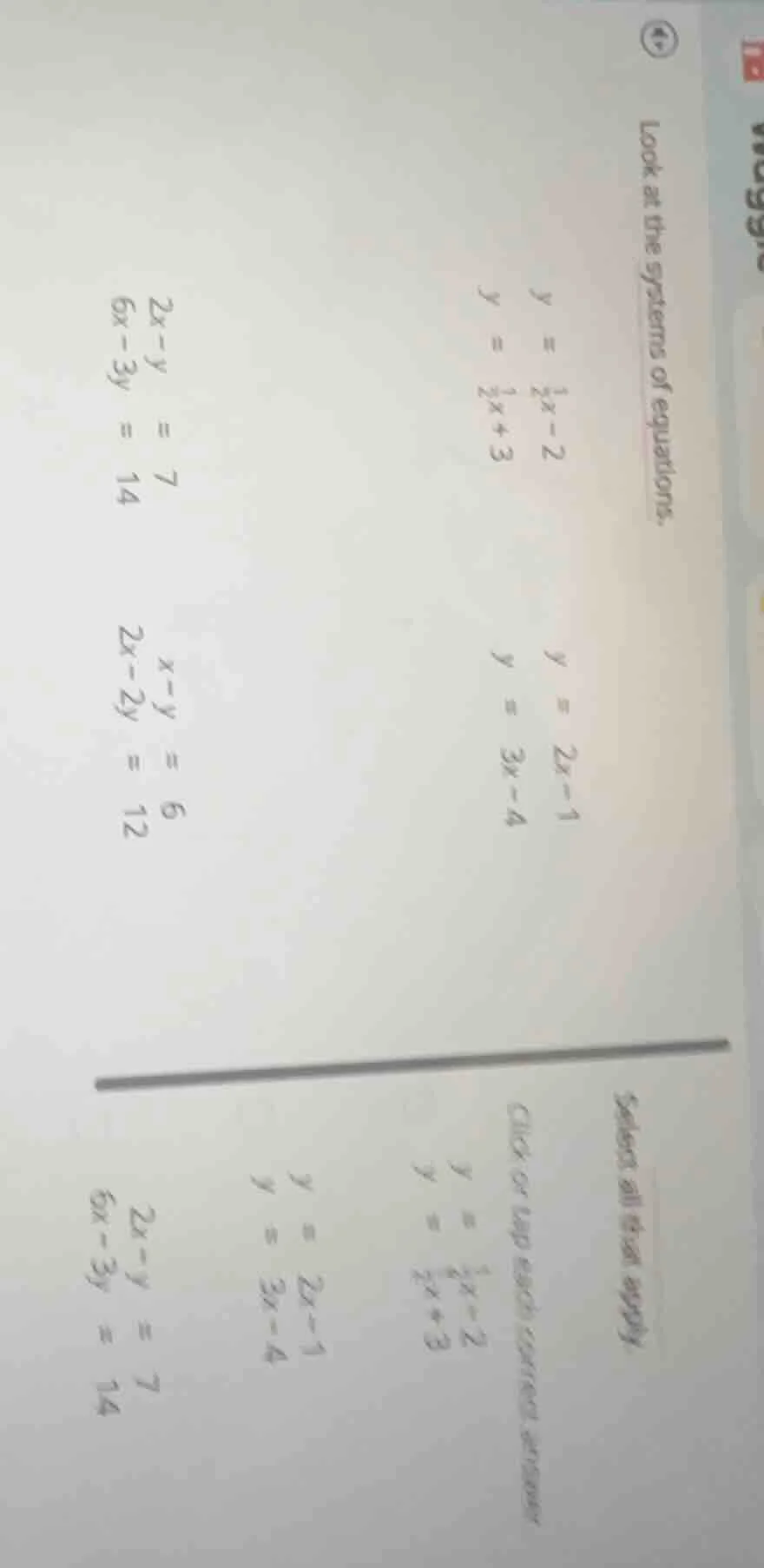 look at the systems of equations. ( y = \frac{1}{2}x - 2 ) ( y = \frac{…