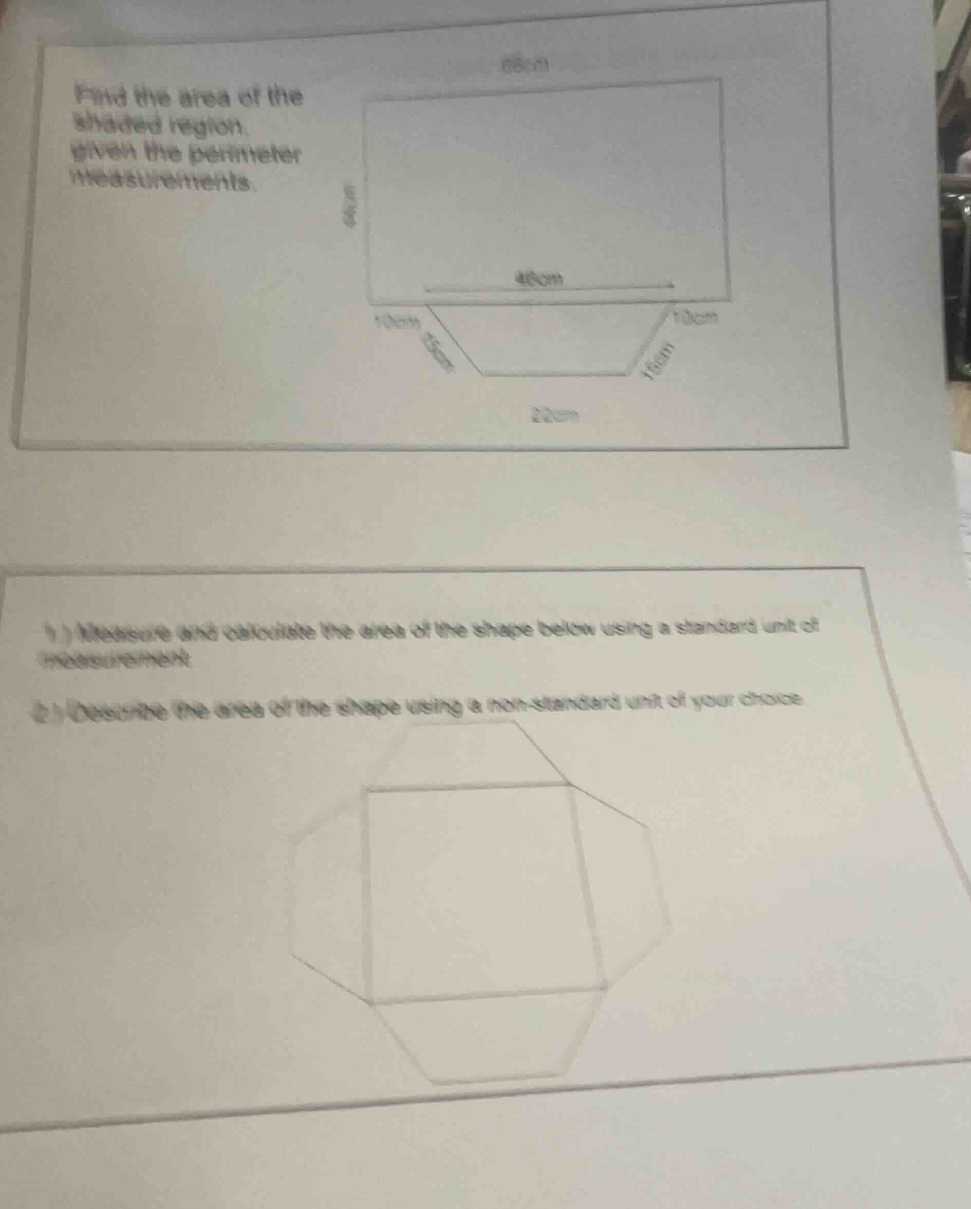 find the area of the shaded region, given the perimeter measurements. 1…
