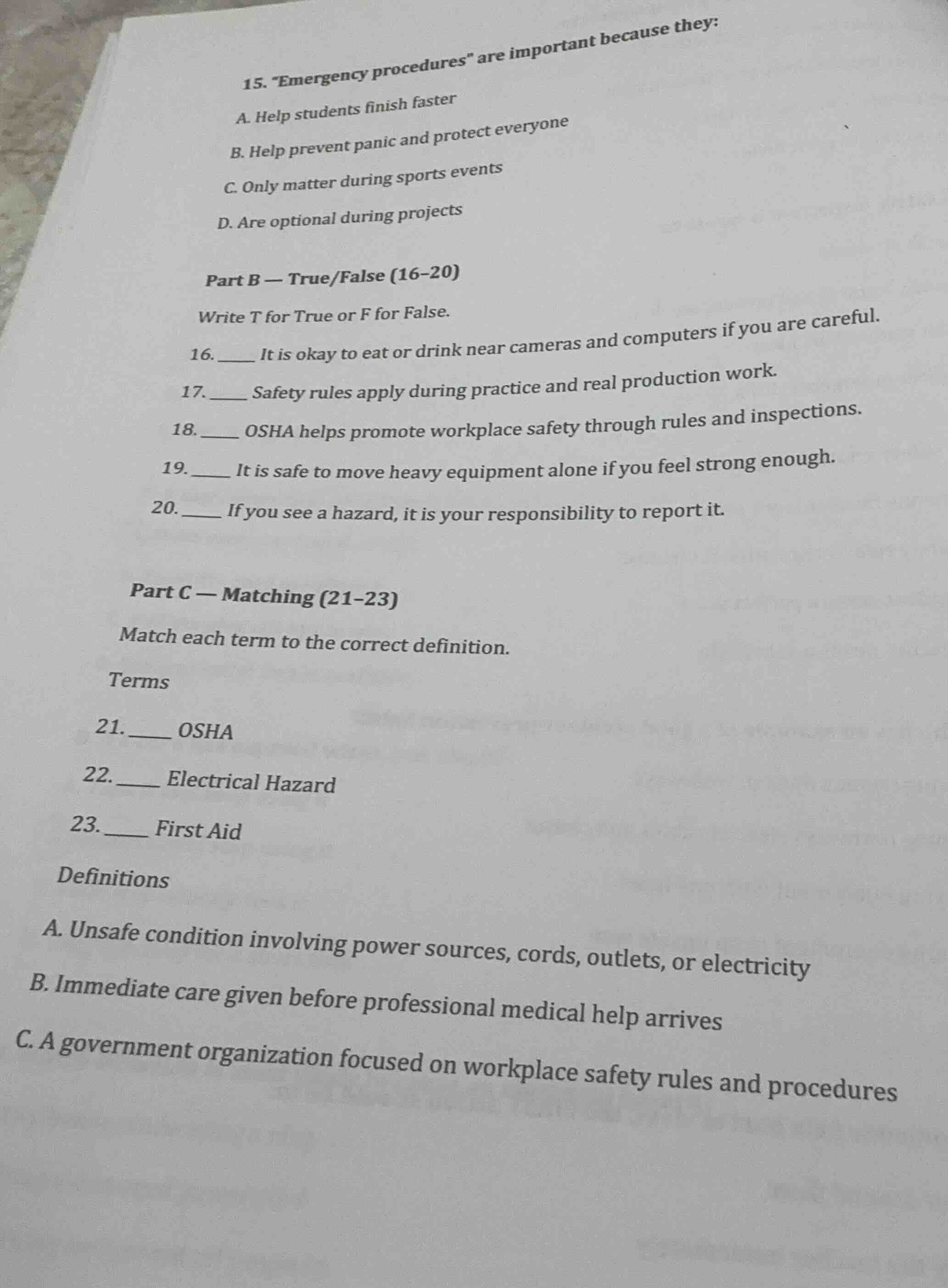 15. \emergency procedures\ are important because they: a. help students…