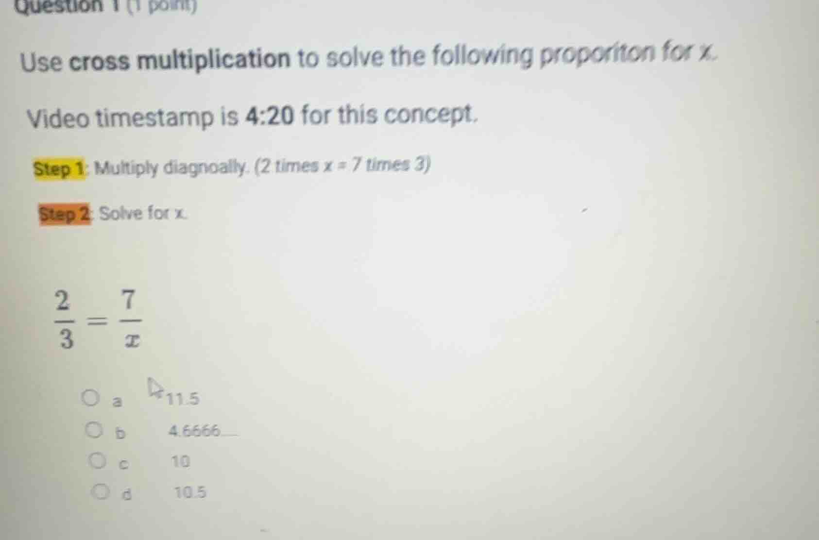 question 1 (1 point) use cross multiplication to solve the following pr…