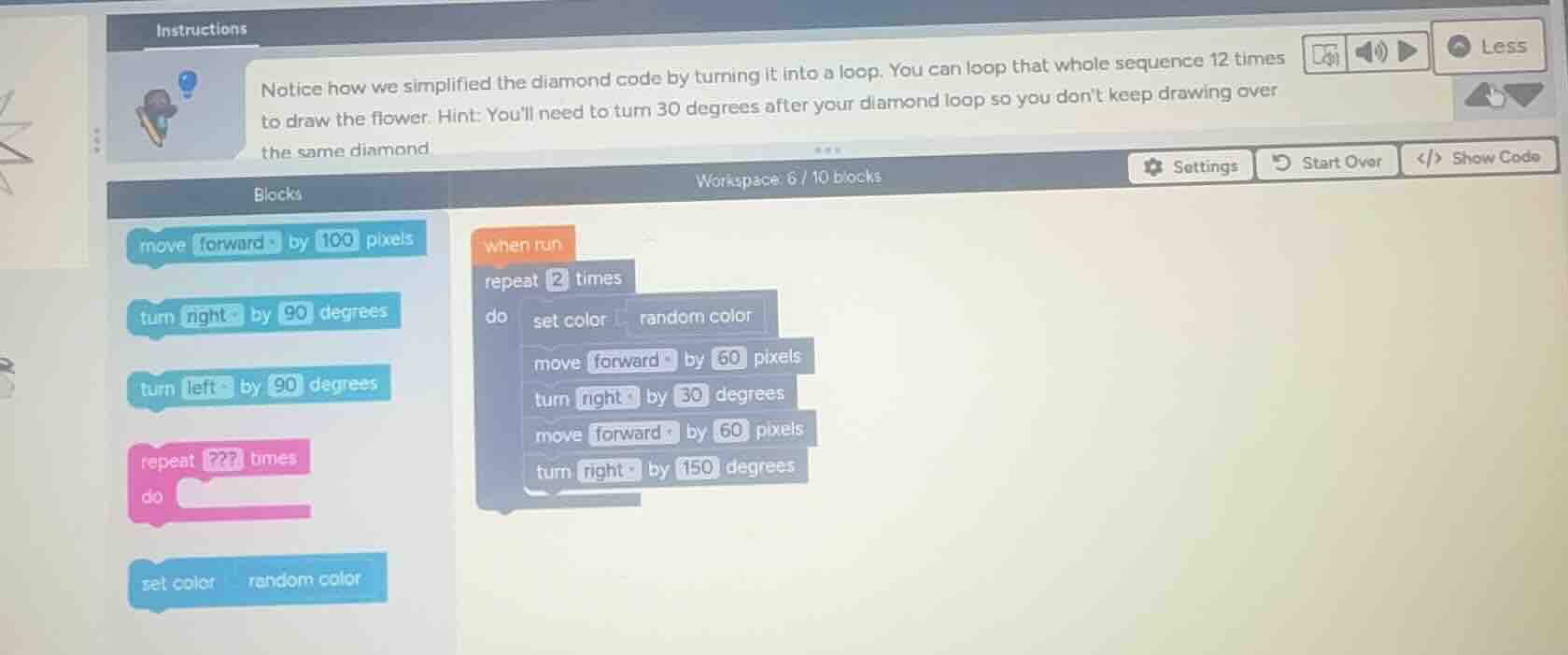 instructions notice how we simplified the diamond code by turning it in…