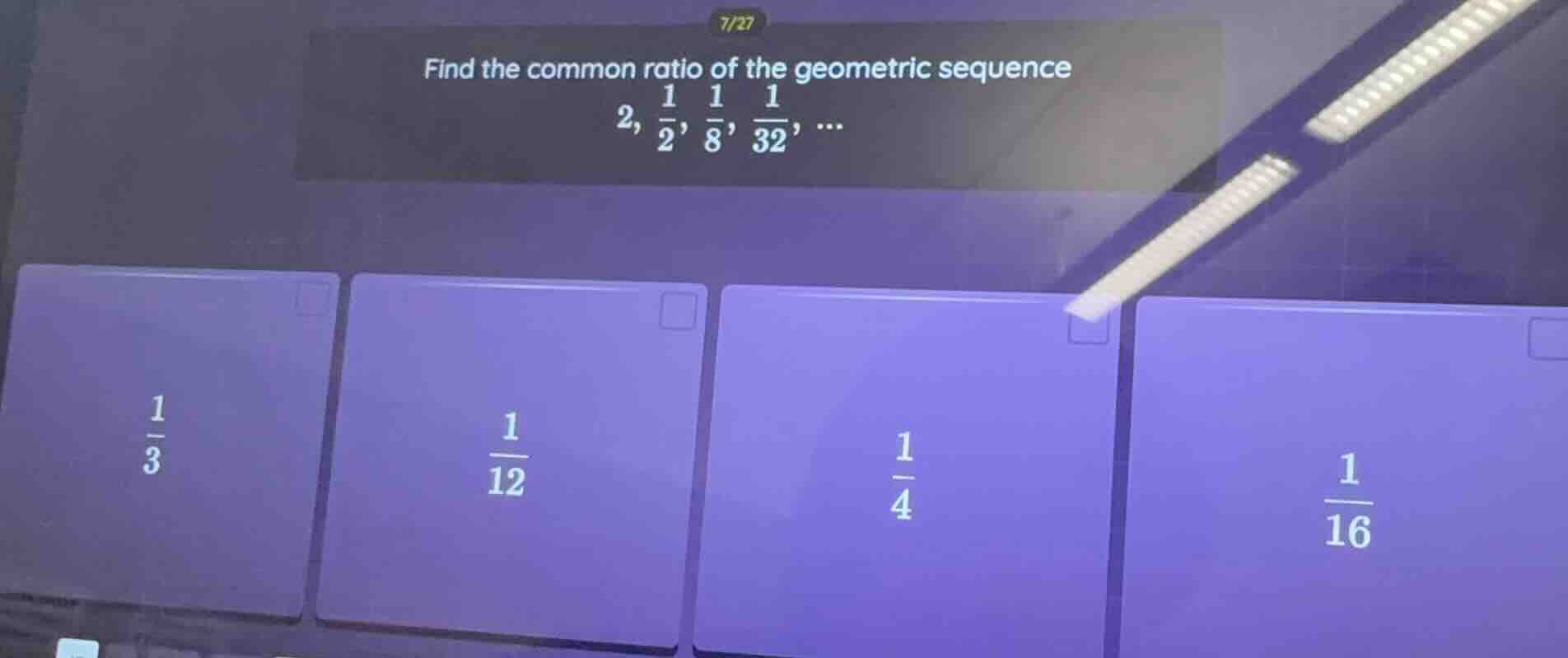 find the common ratio of the geometric sequence 2, \\frac{1}{2}, \\frac…