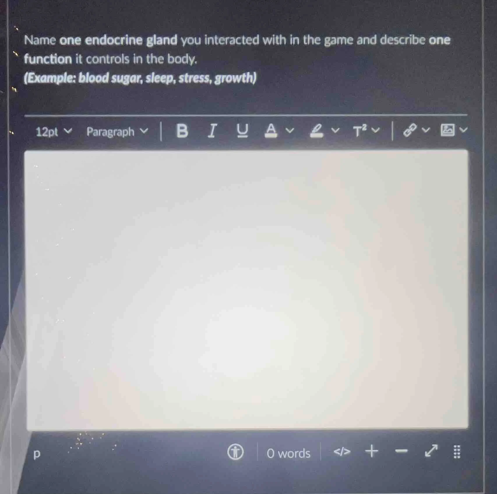 name one endocrine gland you interacted with in the game and describe o…