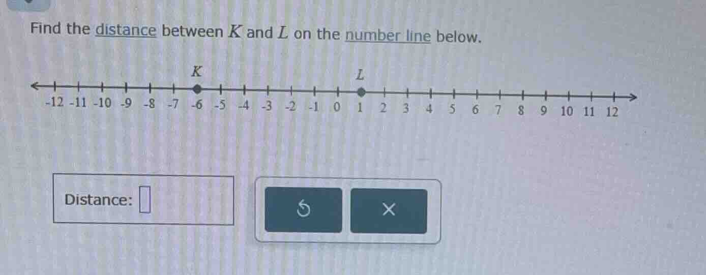 find the distance between k and l on the number line below. k l -12 -11…