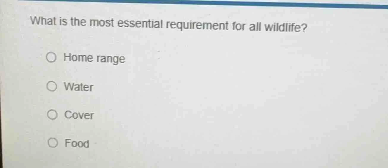 what is the most essential requirement for all wildlife? ○ home range ○…