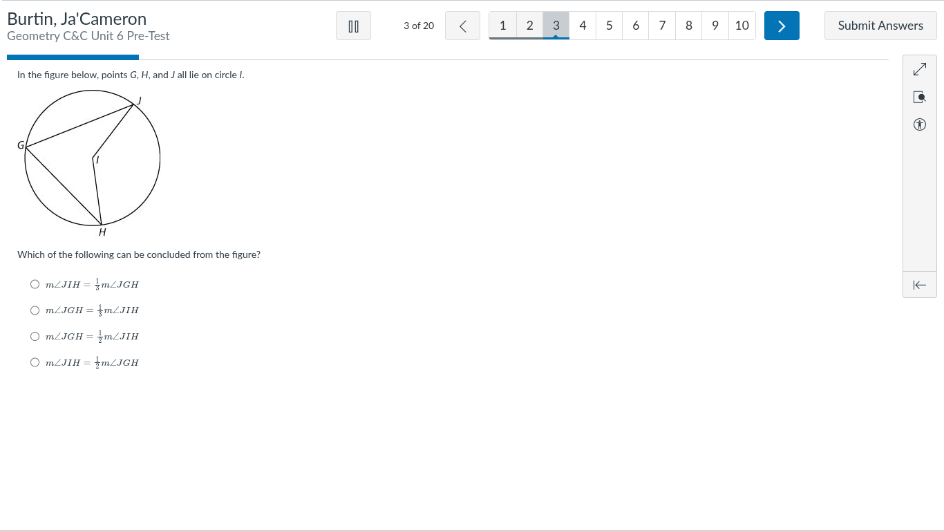 in the figure below, points g, h, and j all lie on circle i. which of t…