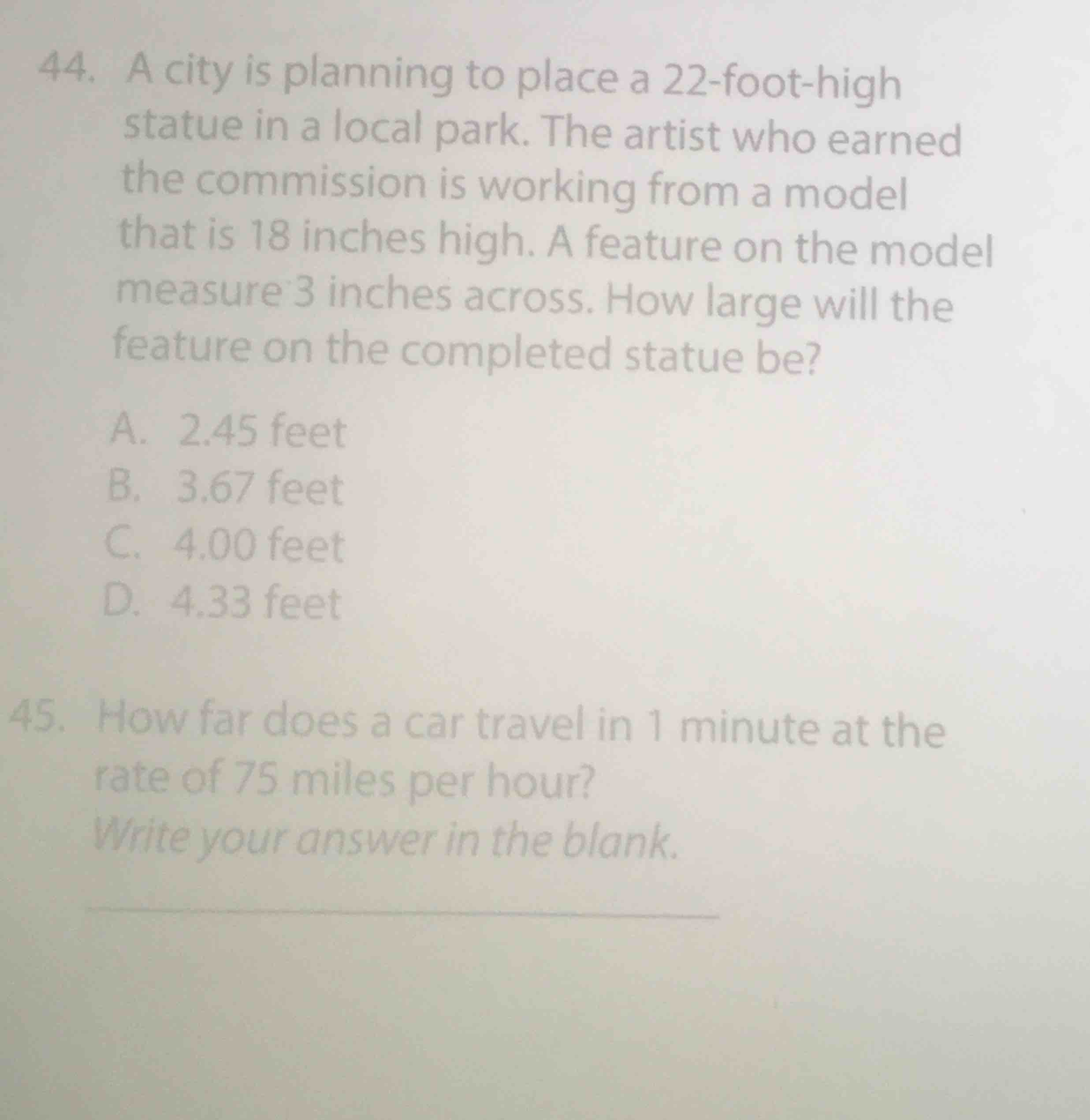 44. a city is planning to place a 22-foot-high statue in a local park. …