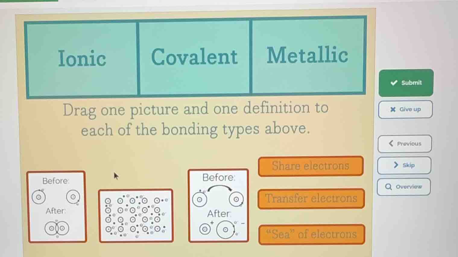 ionic covalent metallic drag one picture and one definition to each of …