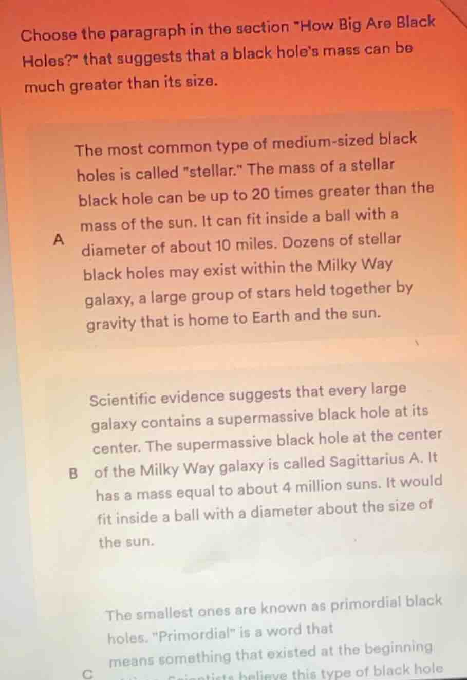 choose the paragraph in the section \how big are black holes?\ that sug…