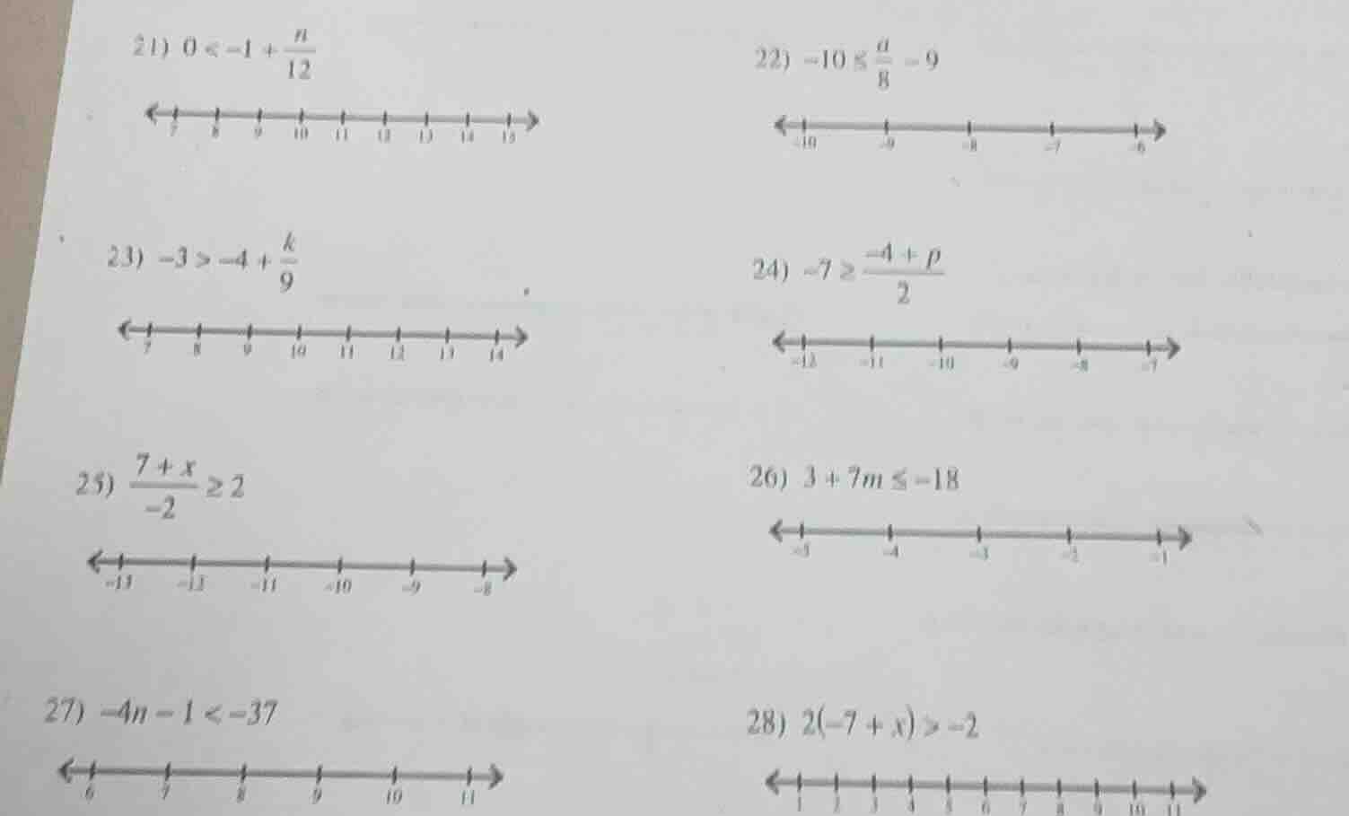 21) $0 < -1 + \\frac{n}{12}$ 22) $-10 \\leq \\frac{a}{8} - 9$ 23) $-3 >…