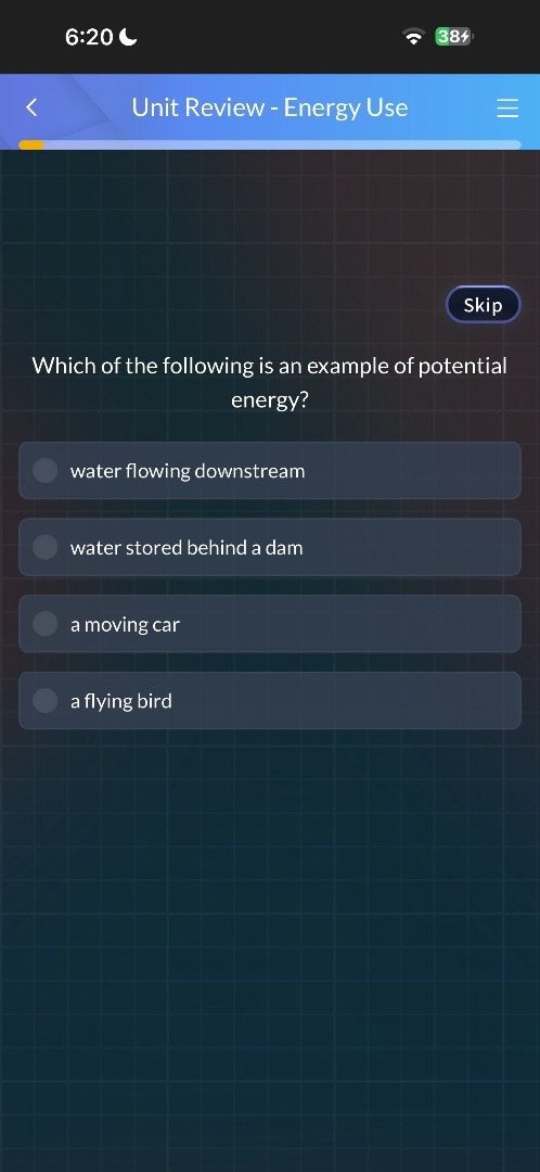 which of the following is an example of potential energy? water flowing…