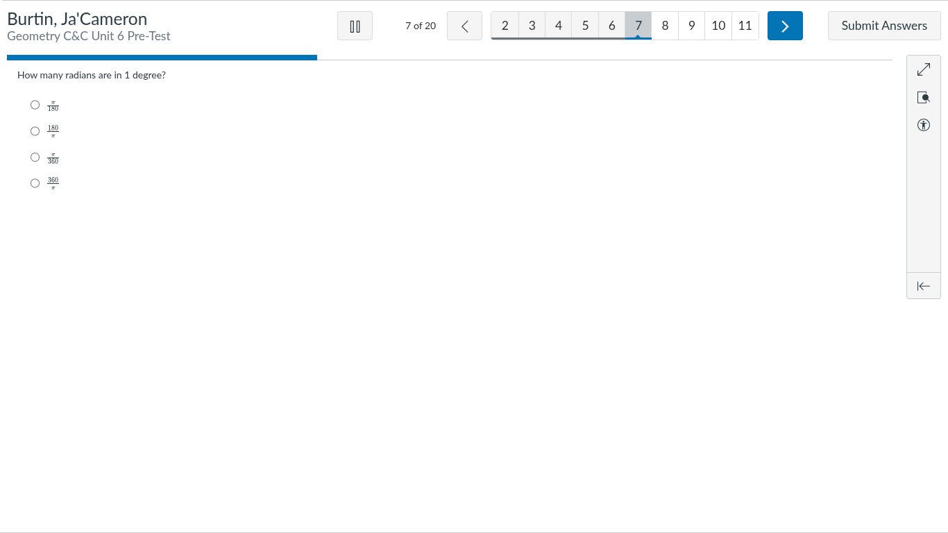 how many radians are in 1 degree? options: - $\frac{pi}{180}$ - $\frac{…