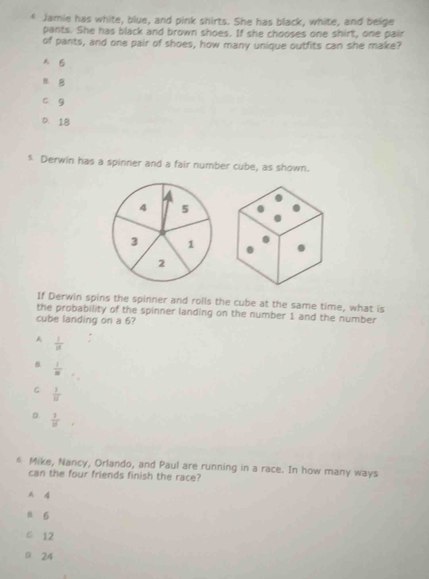 4. jamie has white, blue, and pink shirts. she has black, white, and be…