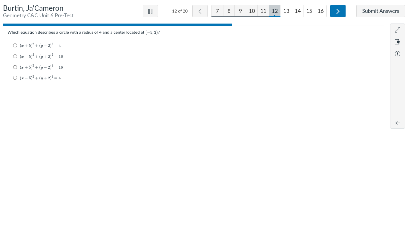 which equation describes a circle with a radius of 4 and a center locat…