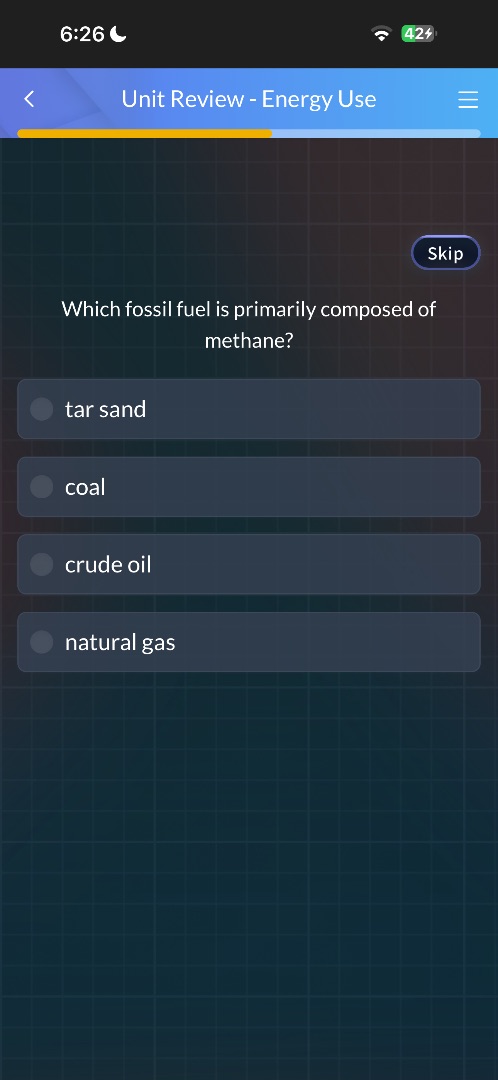 which fossil fuel is primarily composed of methane? tar sand coal crude…