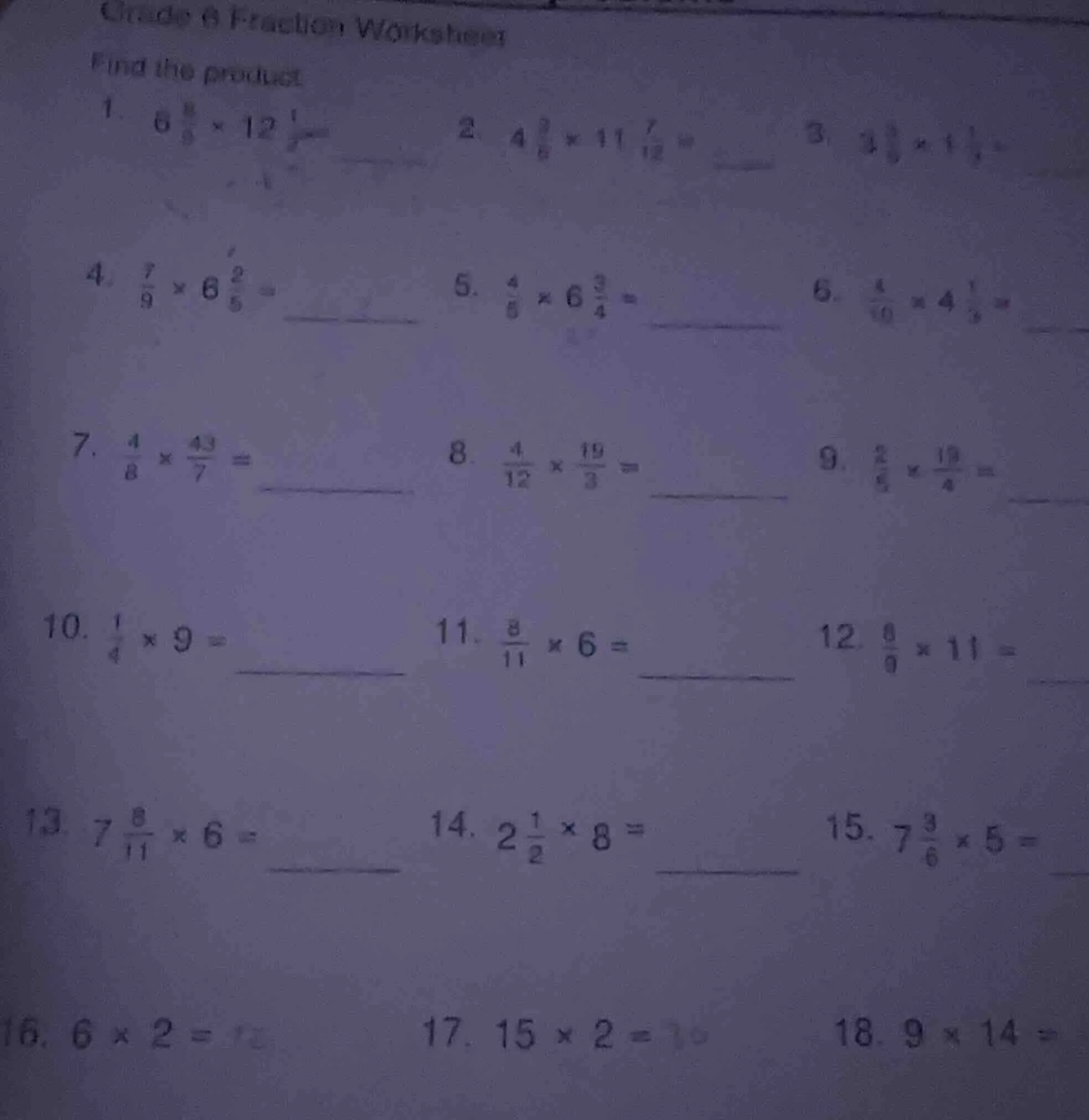 grade 6 fraction worksheet find the product 1. $6\\frac{8}{9} \\times 1…