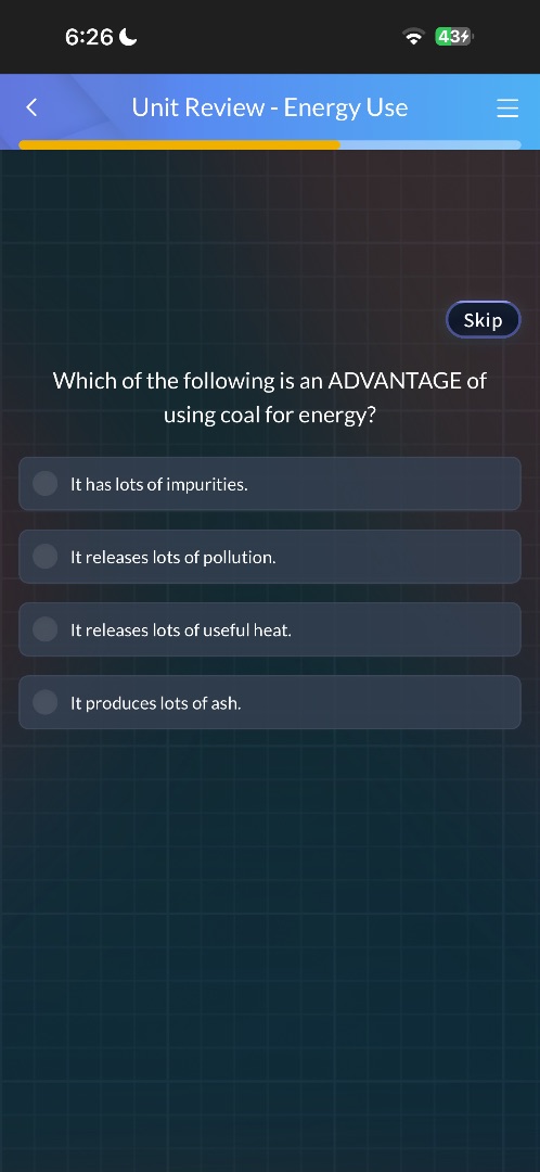 which of the following is an advantage of using coal for energy? it has…
