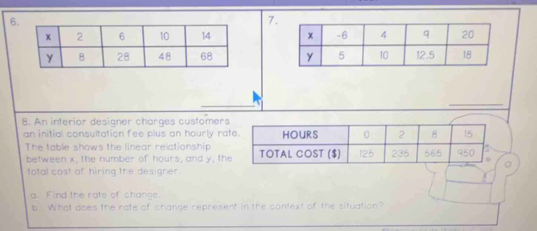 6. | x | 2 | 6 | 10 | 14 | | y | 8 | 28 | 48 | 68 | 7. | x | -6 | 4 | 9…