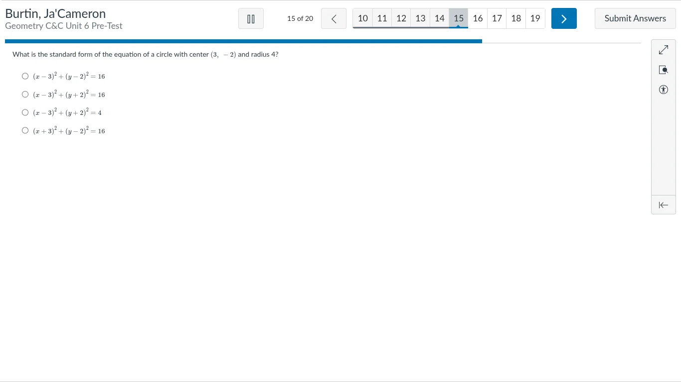 what is the standard form of the equation of a circle with center (3, -…