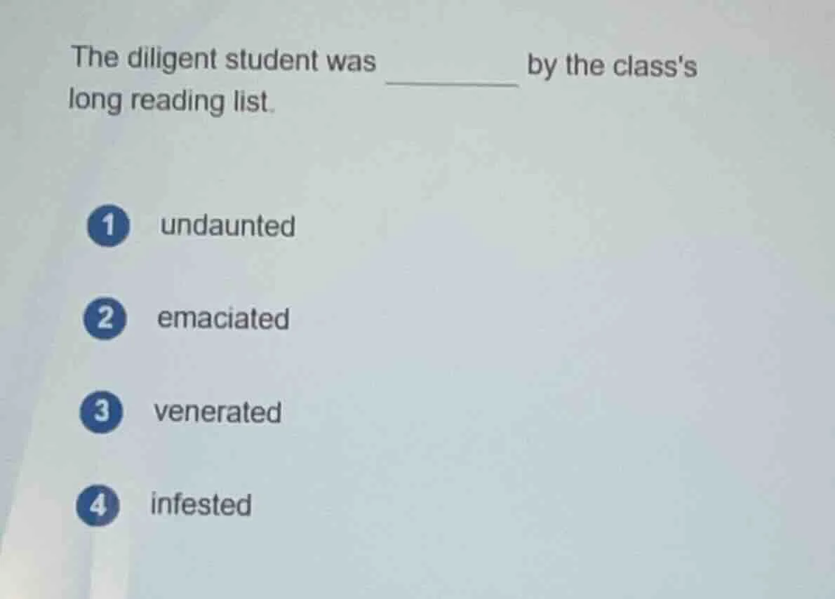 the diligent student was ______ by the classs long reading list. 1 unda…