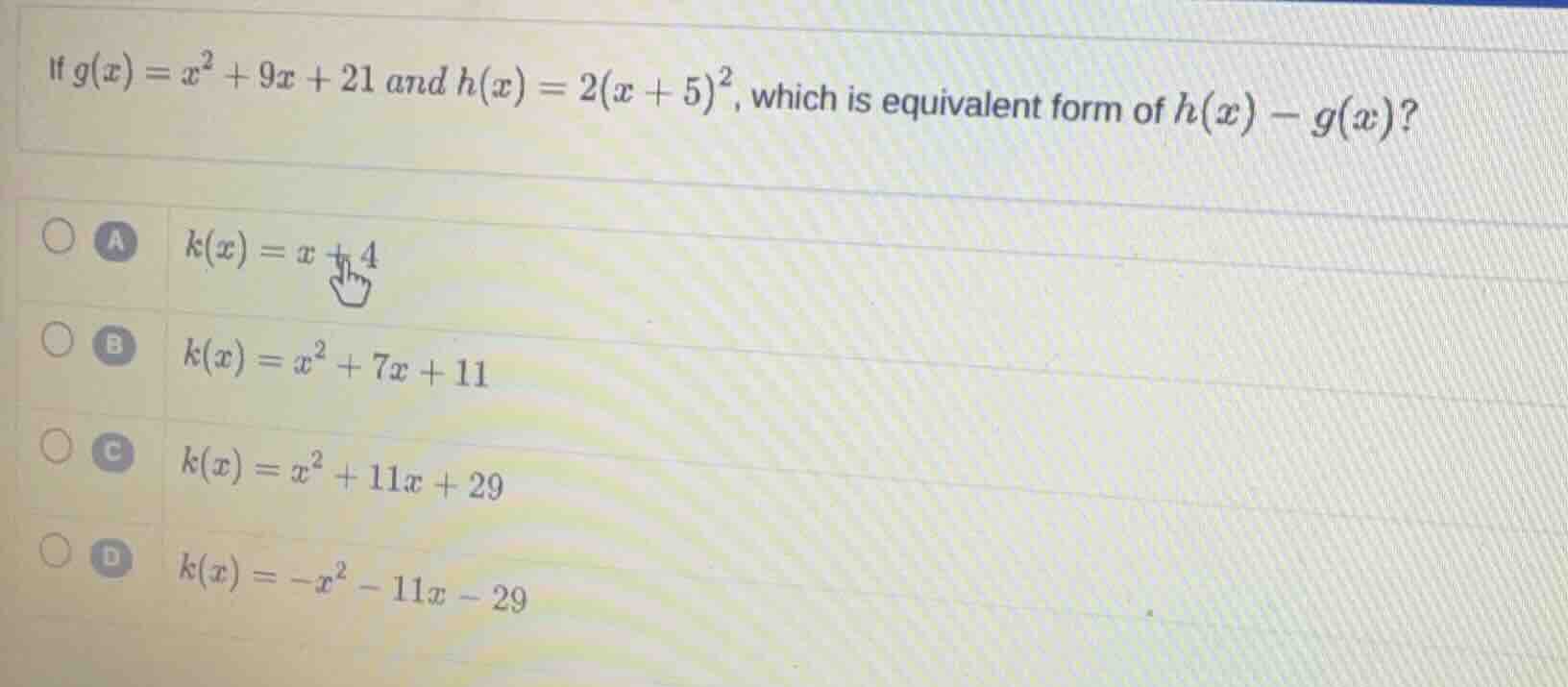 if $g(x) = x^2 + 9x + 21$ and $h(x) = 2(x + 5)^2$, which is equivalent …