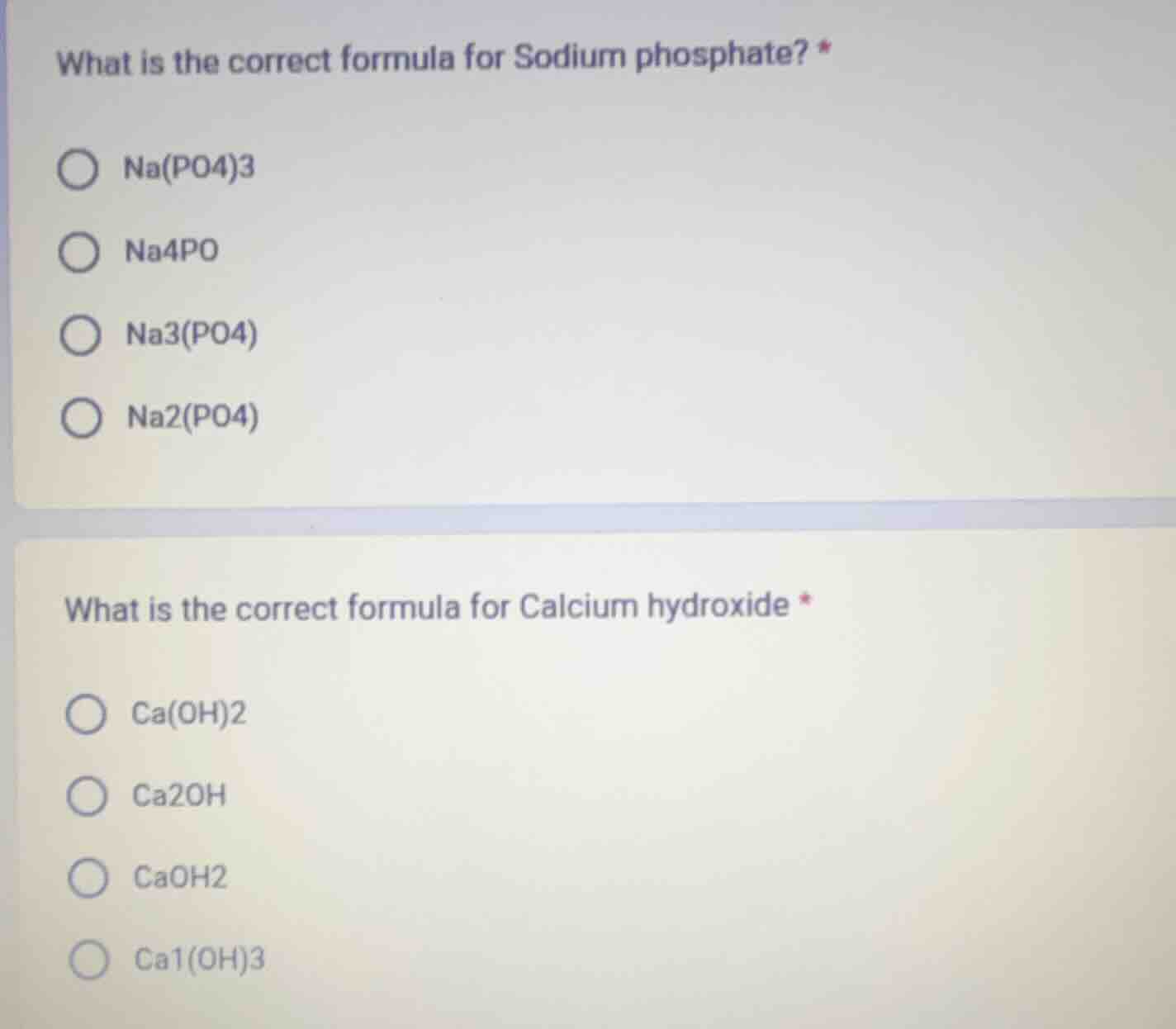 what is the correct formula for sodium phosphate? * na(po4)3 na4po na3(…