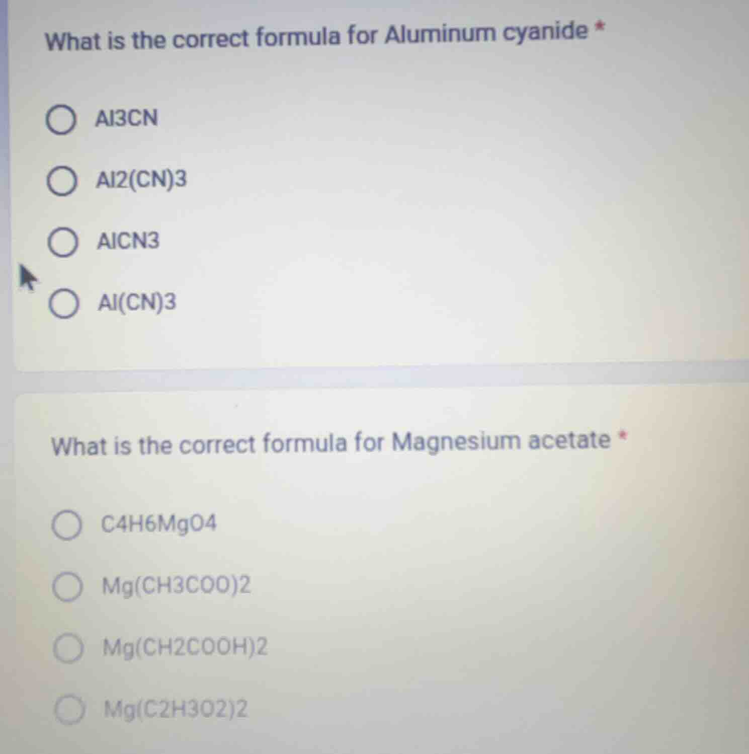 what is the correct formula for aluminum cyanide * al3cn al2(cn)3 alcn3…