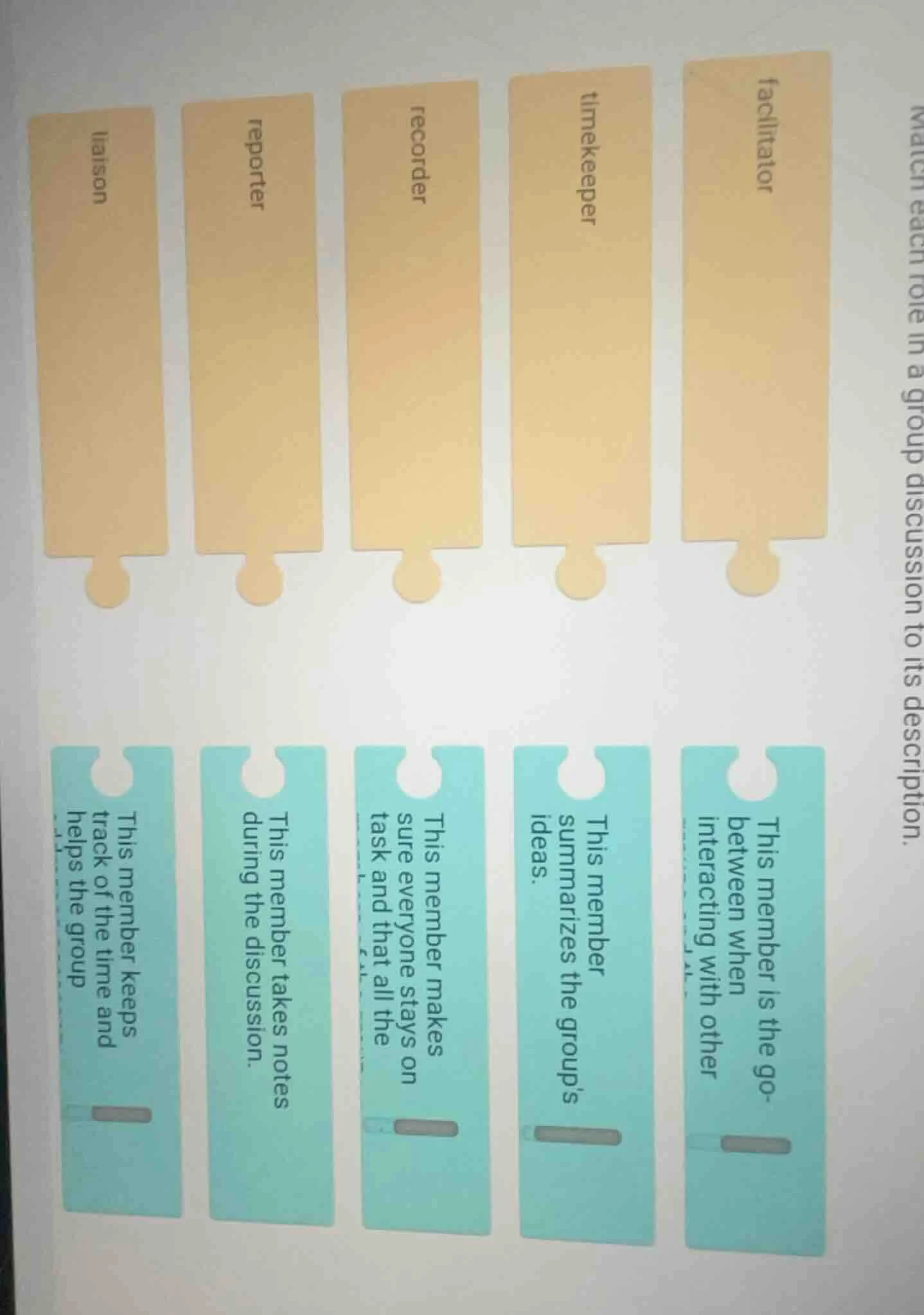 match each role in a group discussion to its description. facilitator t…