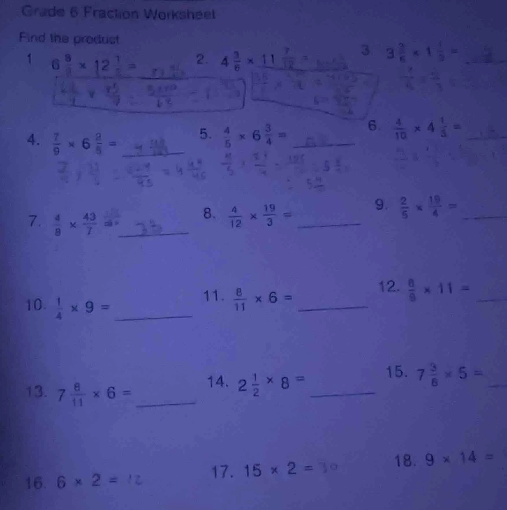 grade 6 fraction worksheet find the product 1 ( 6\frac{8}{9} \times 12\…