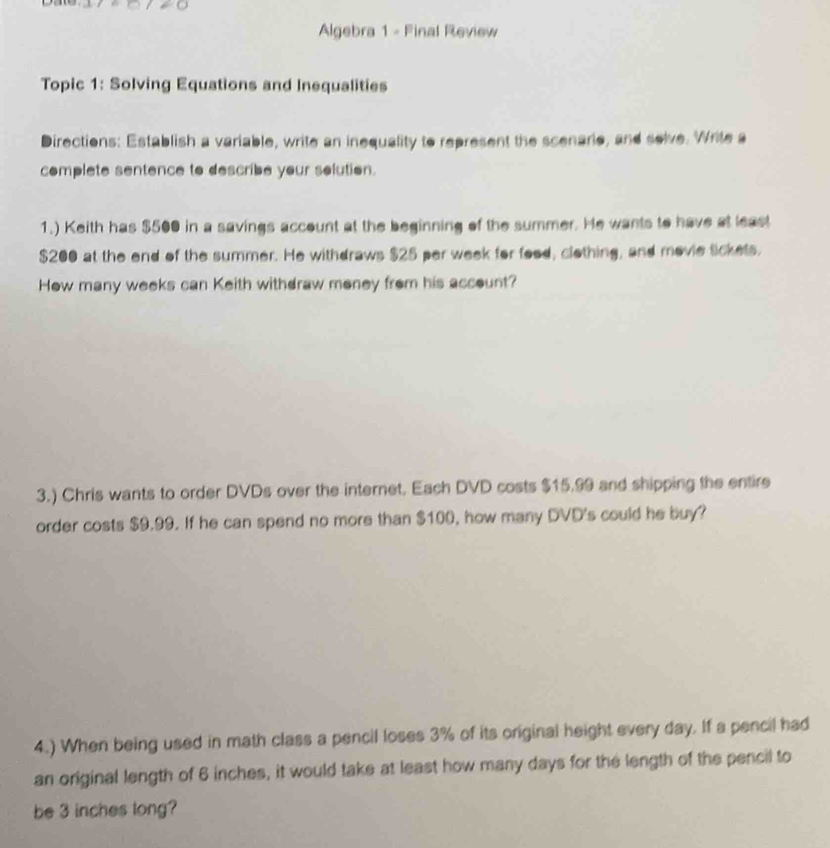 algebra 1 - final review topic 1: solving equations and inequalities di…