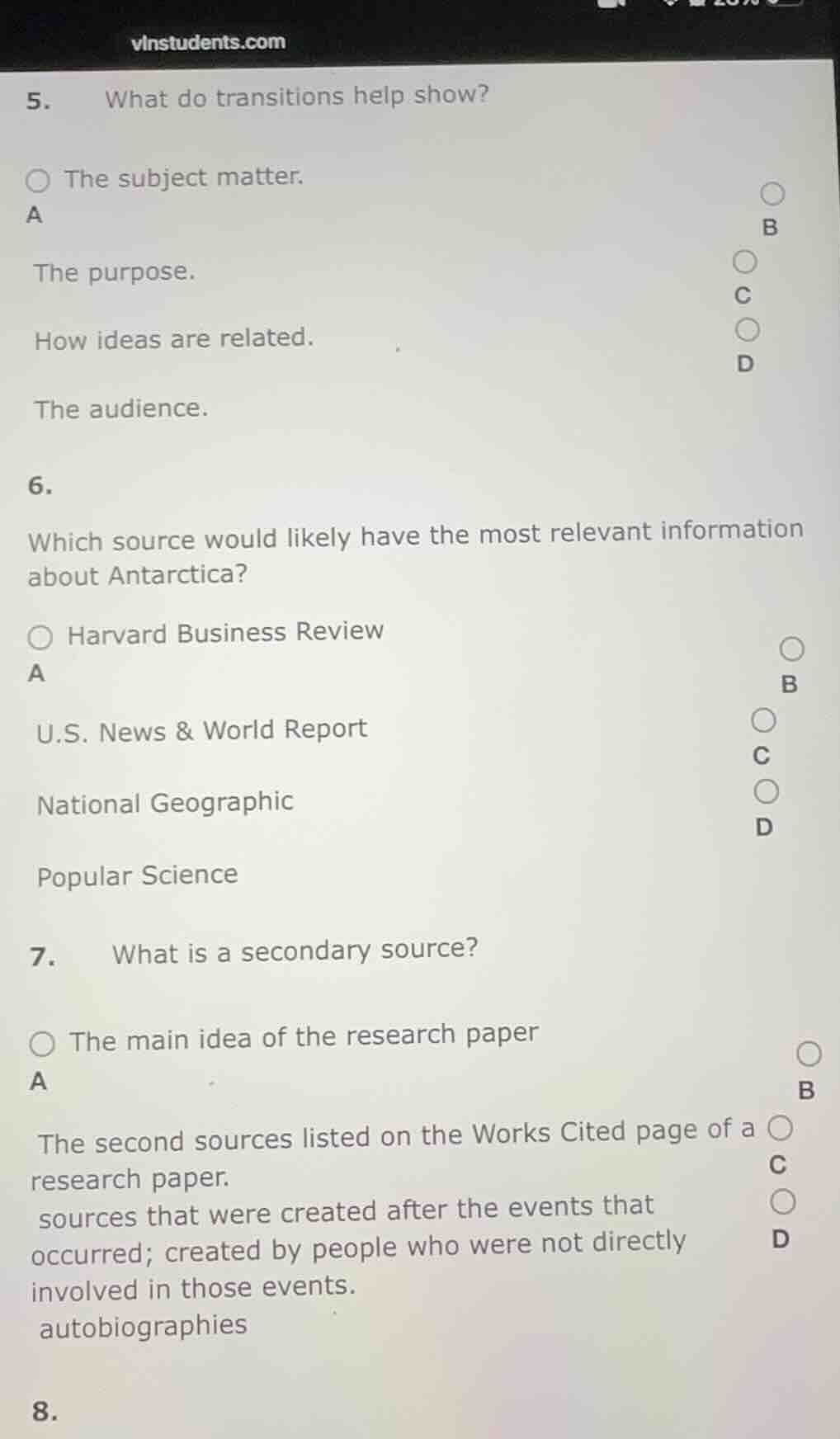 5. what do transitions help show? the subject matter. a b the purpose. …