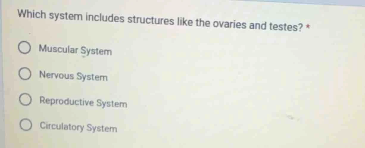 which system includes structures like the ovaries and testes? * muscula…