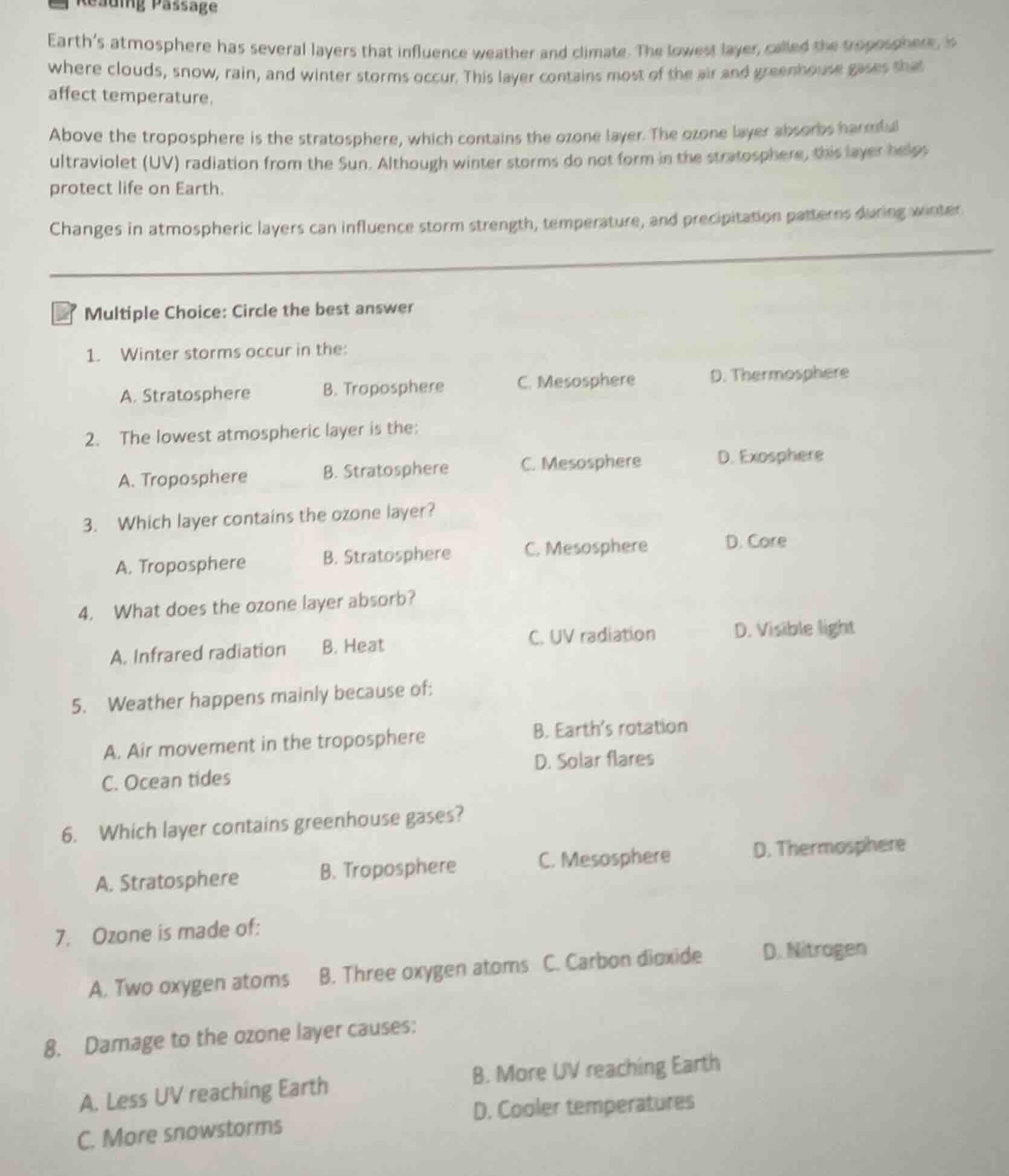 reading passage earth’s atmosphere has several layers that influence we…