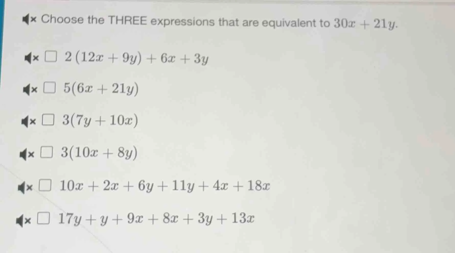 choose the three expressions that are equivalent to $30x + 21y$. $\\squ…