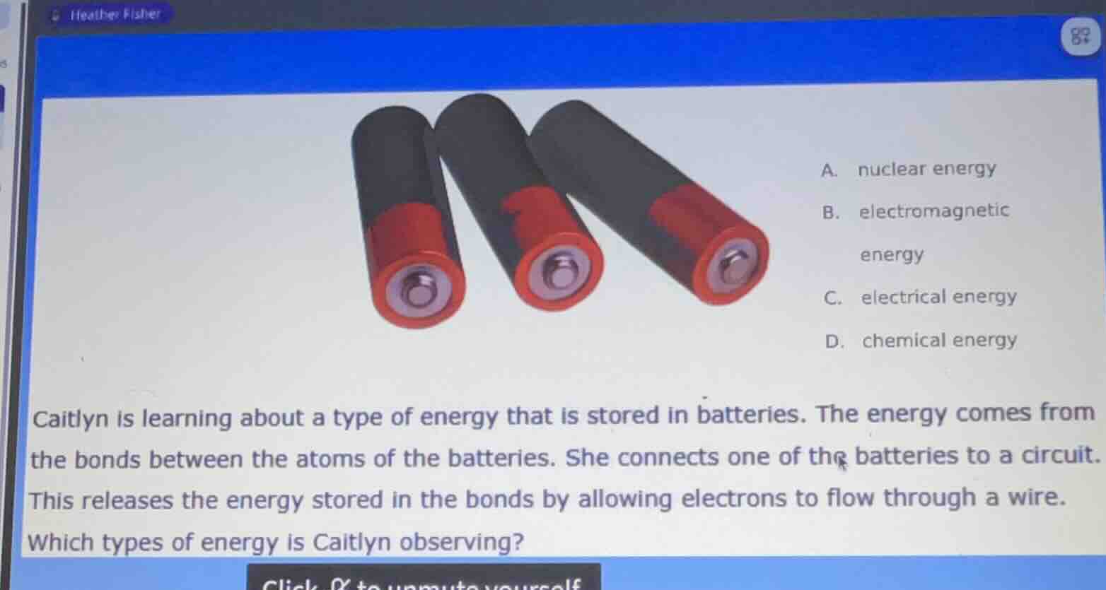 caitlyn is learning about a type of energy that is stored in batteries.…