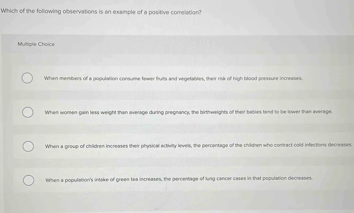 which of the following observations is an example of a positive correla…