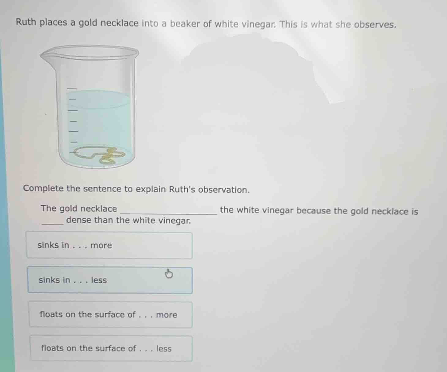 ruth places a gold necklace into a beaker of white vinegar. this is wha…